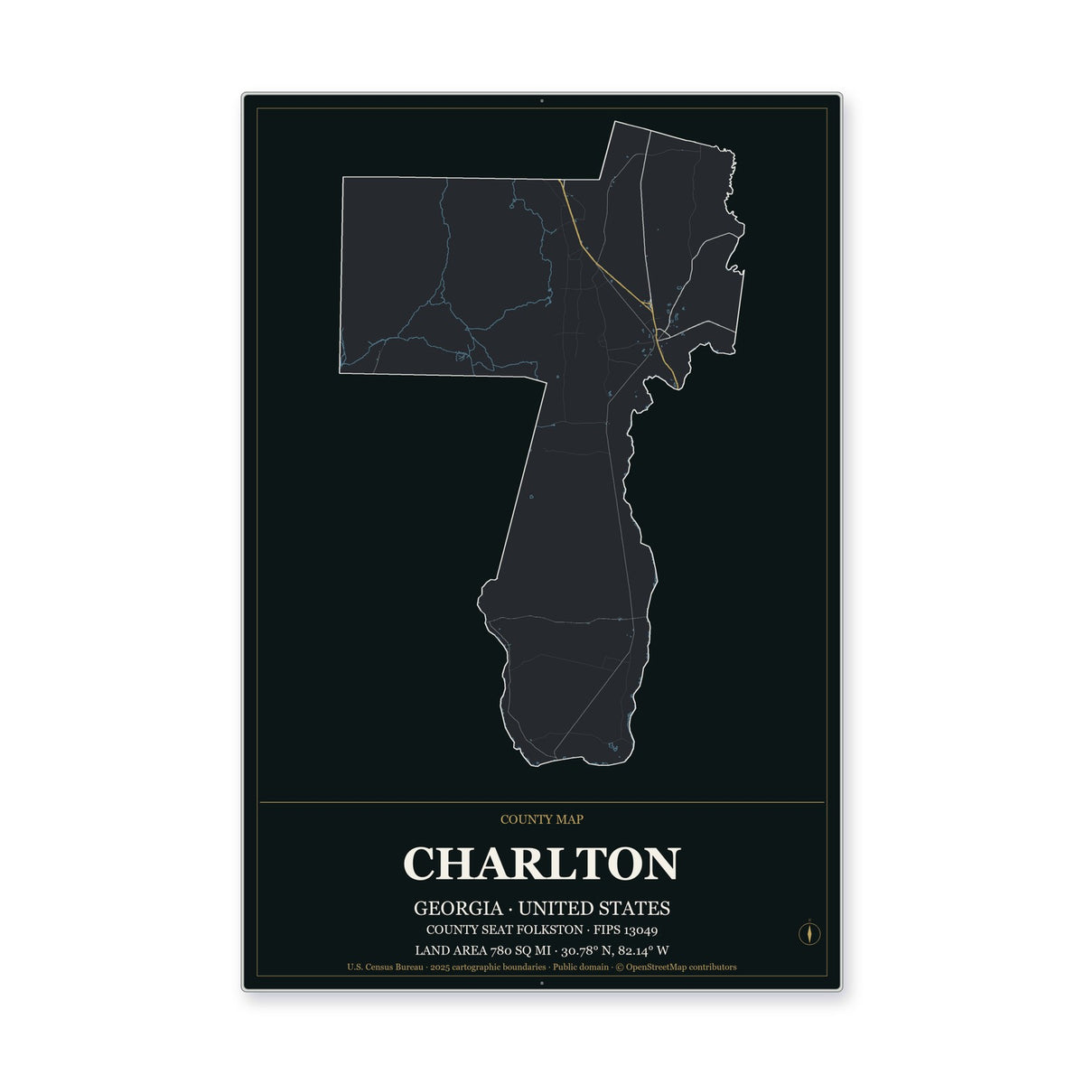 Charlton County, Georgia Map Aluminum Sign in Metropolitan Noir style