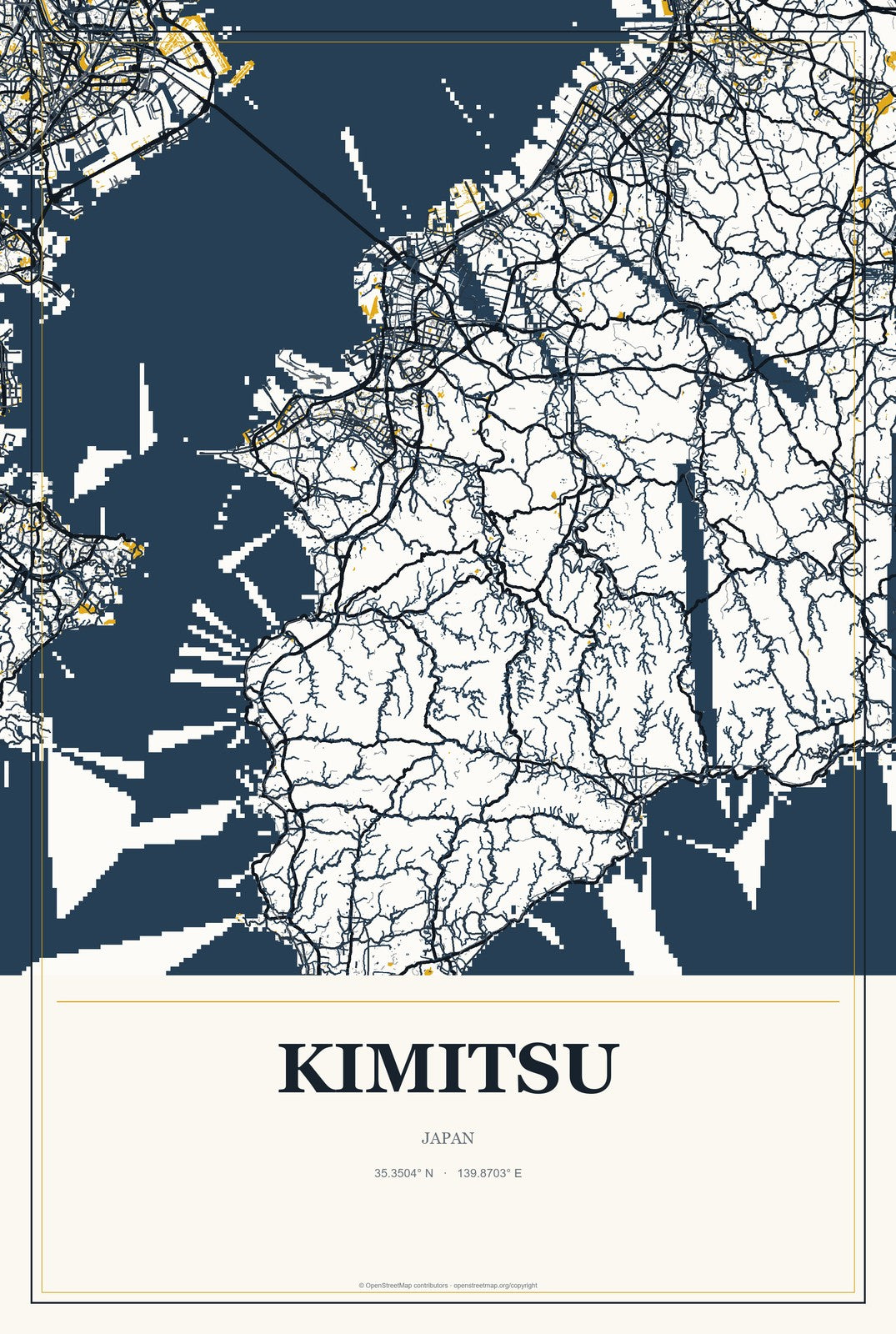 Kimitsu, Japan City Map Aluminum Sign in Citrine Modern style