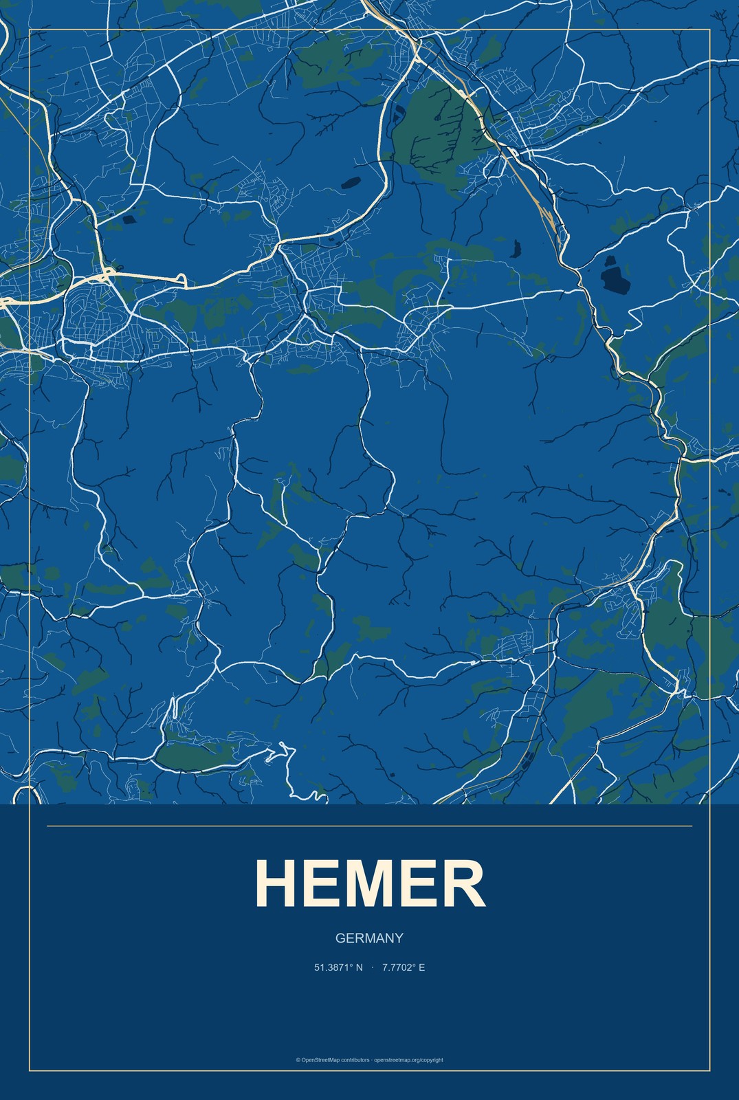 Hemer, Germany City Map Aluminum Sign in Harbor Cobalt style