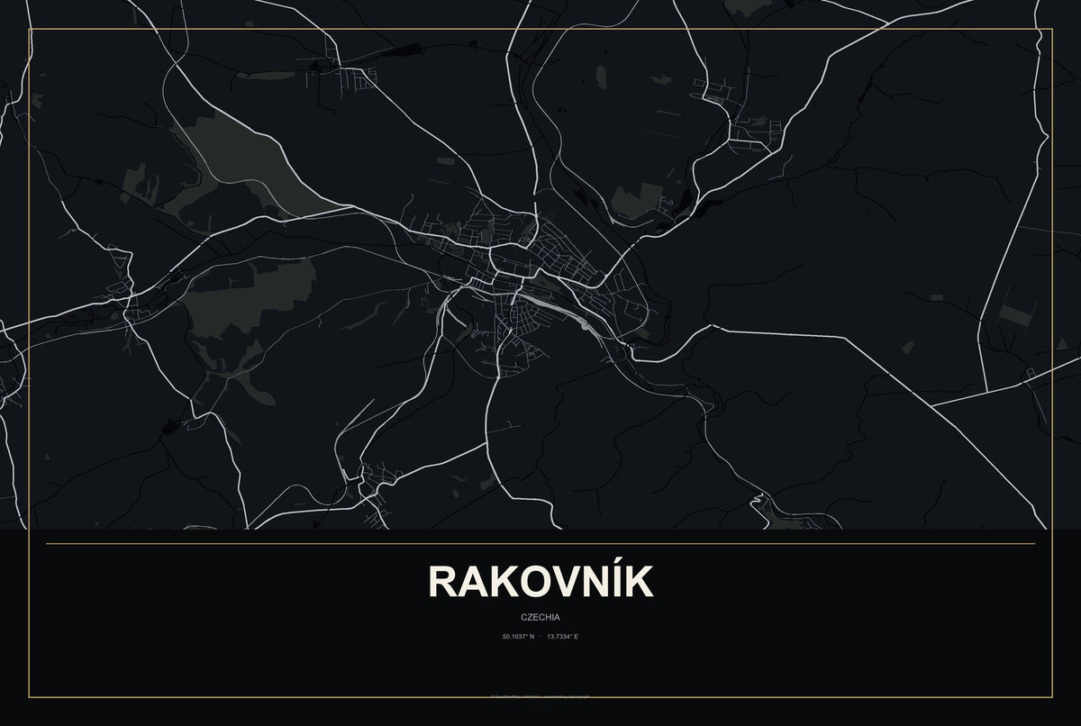 Rakovník, Czechia City Map Aluminum Sign in Metropolitan Noir style
