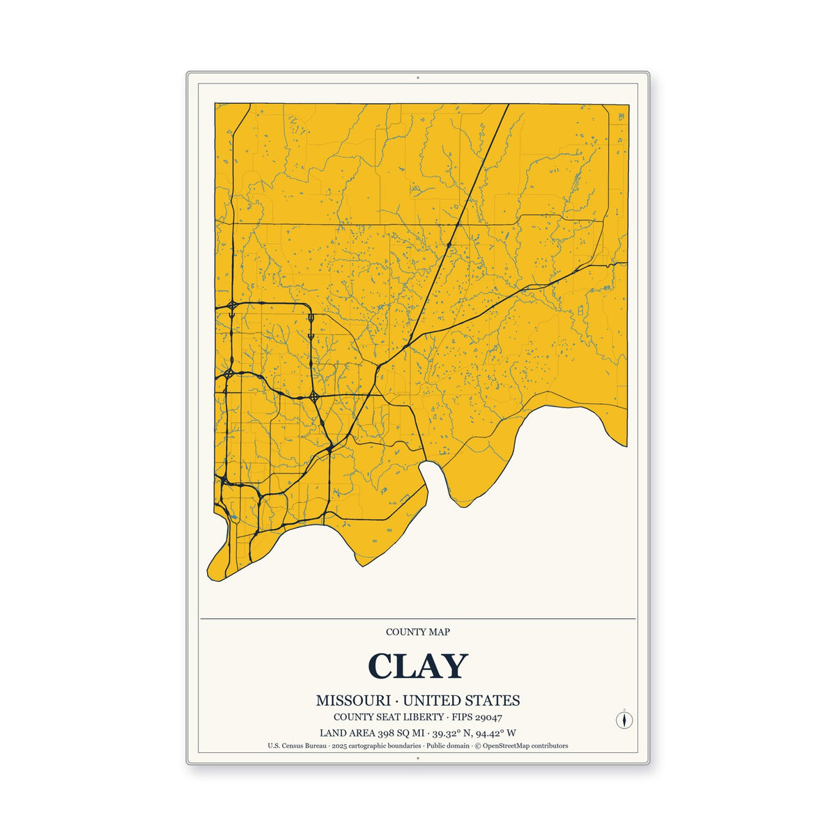 Clay County, Missouri Map Aluminum Sign in Citrine Modern style