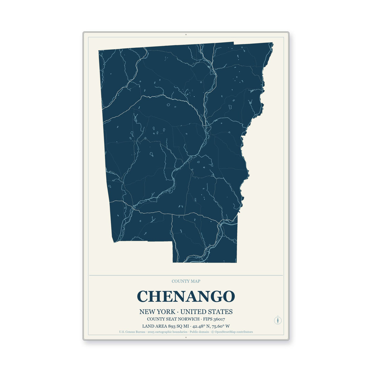 Chenango County, New York Map Aluminum Sign in Coastal Cutout style