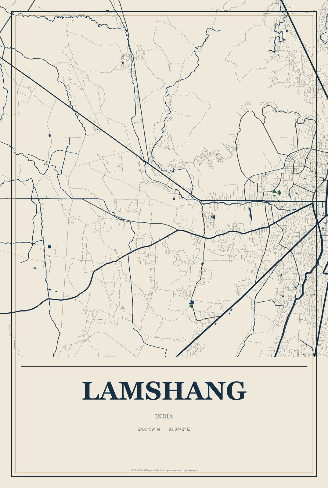 Lamshang, India City Map Aluminum Sign in Coastal Cutout style