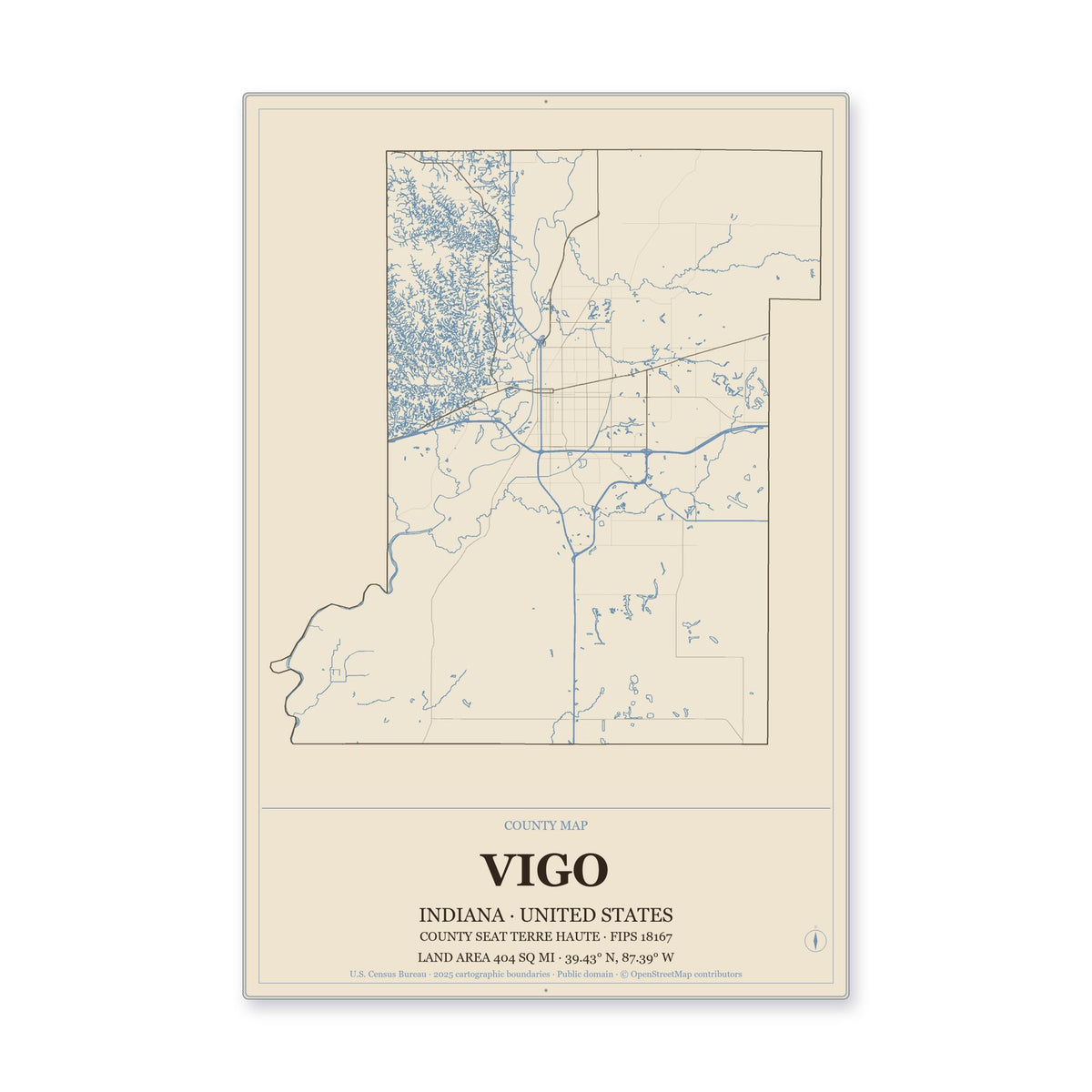 Vigo County, Indiana Map Aluminum Sign in Heritage Nautical style