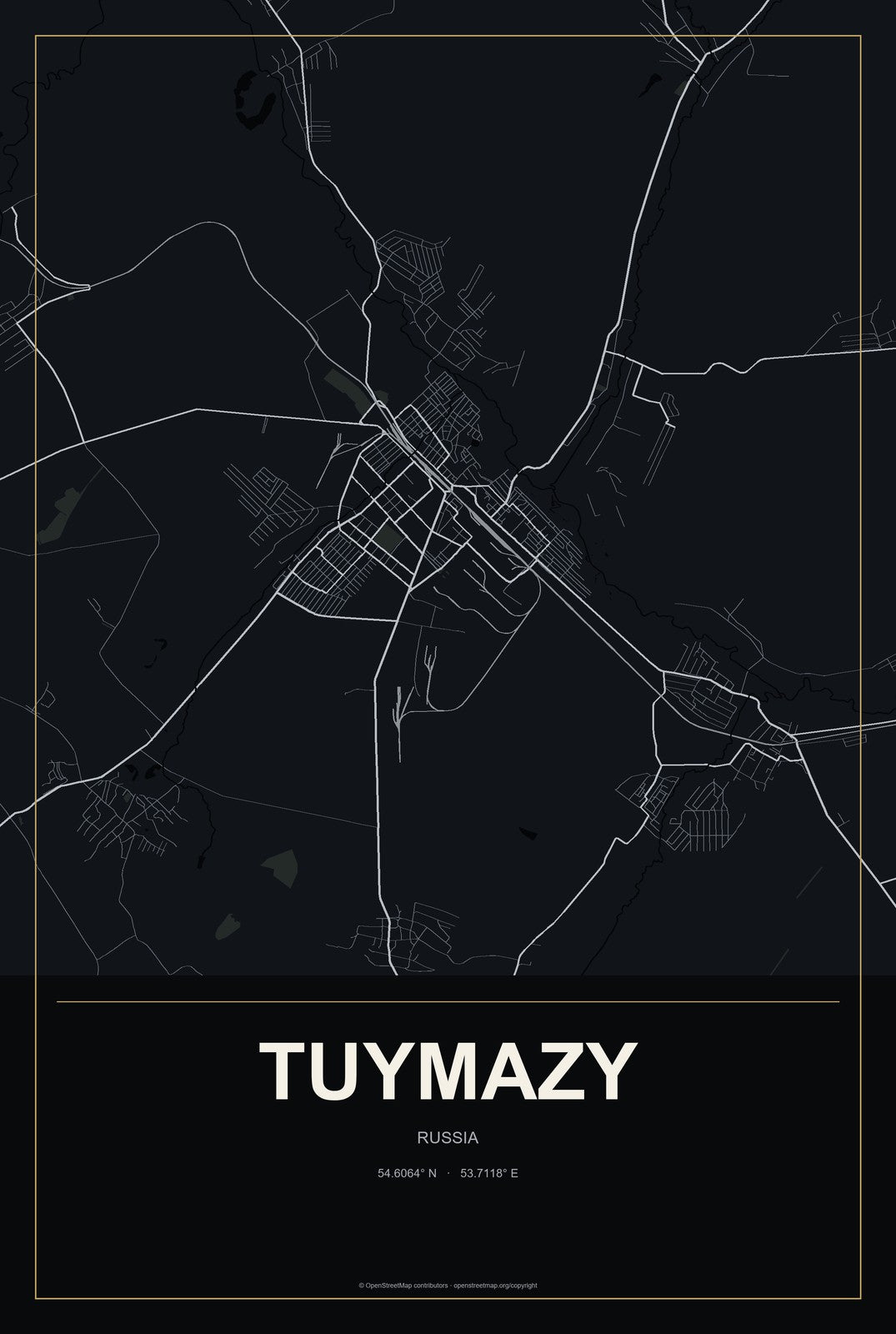 Tuymazy, Russia City Map Aluminum Sign in Metropolitan Noir style