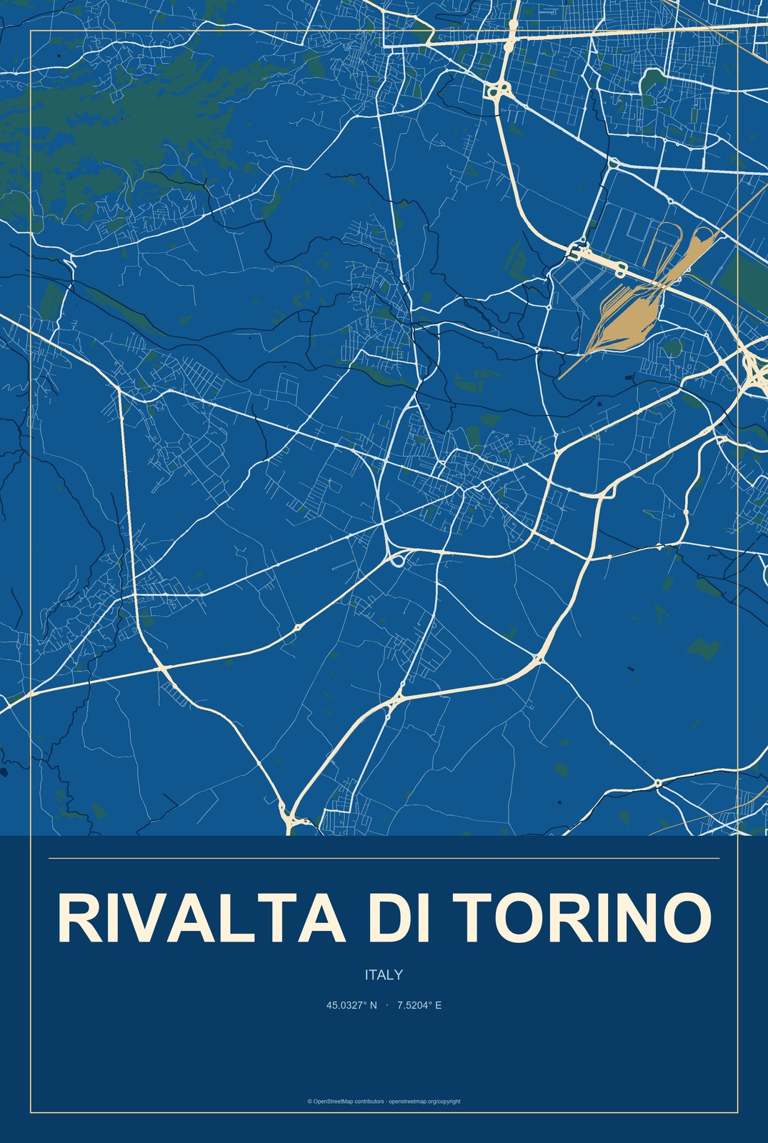 Rivalta di Torino, Italy City Map Aluminum Sign in Harbor Cobalt style