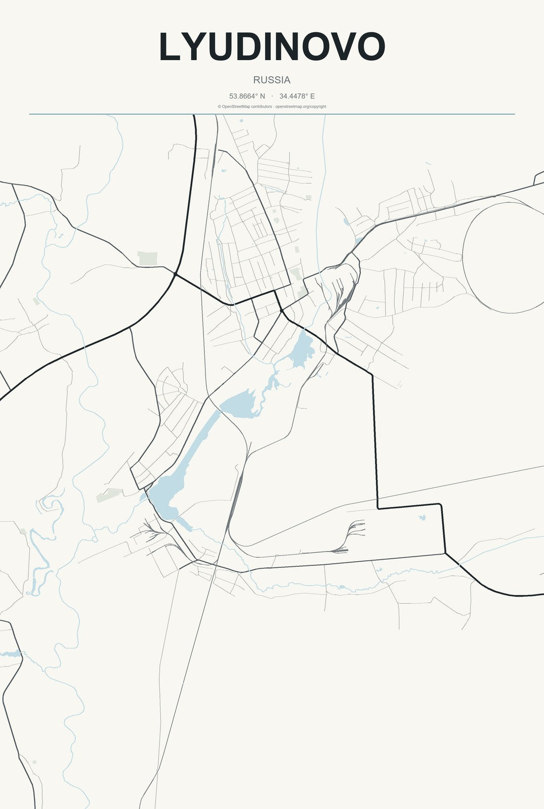 Lyudinovo, Russia City Map Aluminum Sign in Headline Atlas style