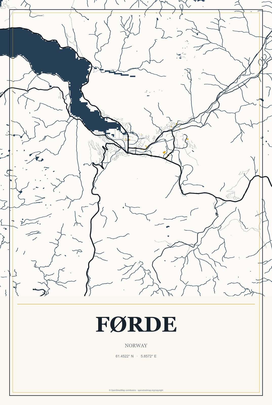Førde, Norway City Map Aluminum Sign in Citrine Modern style