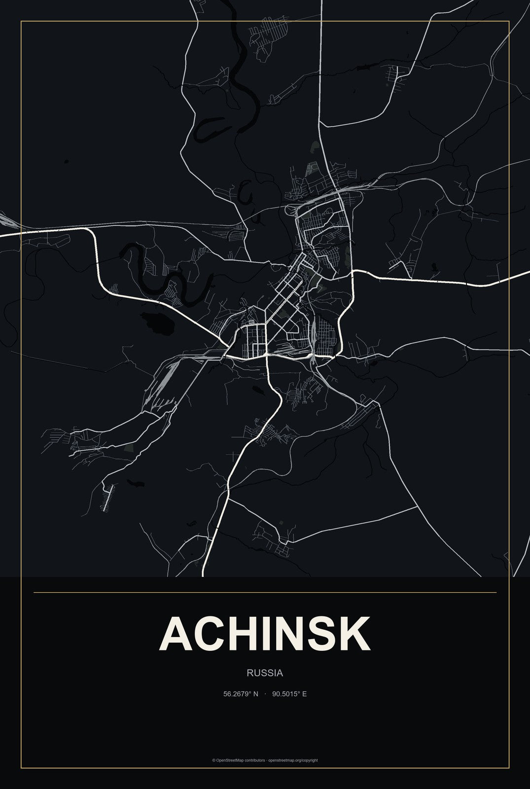 Achinsk, Russia City Map Aluminum Sign in Metropolitan Noir style