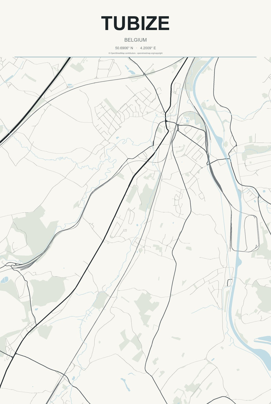 Tubize, Belgium City Map Aluminum Sign in Headline Atlas style