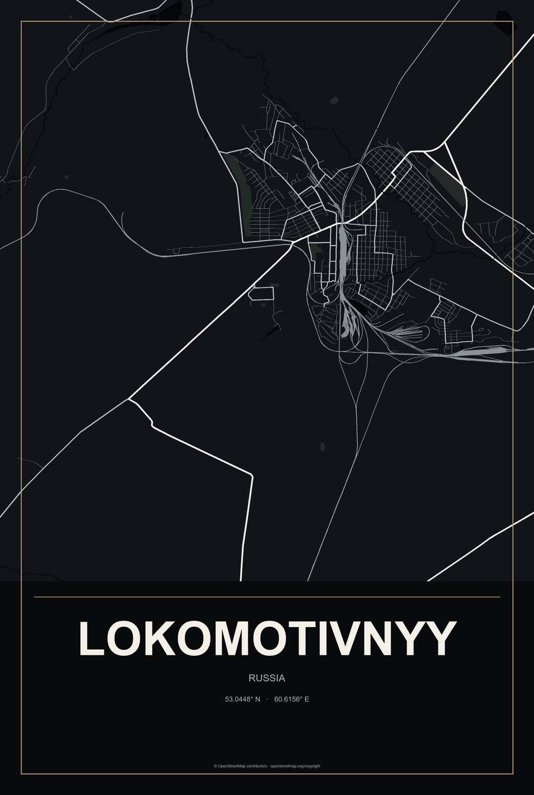 Lokomotivnyy, Russia City Map Aluminum Sign in Metropolitan Noir style