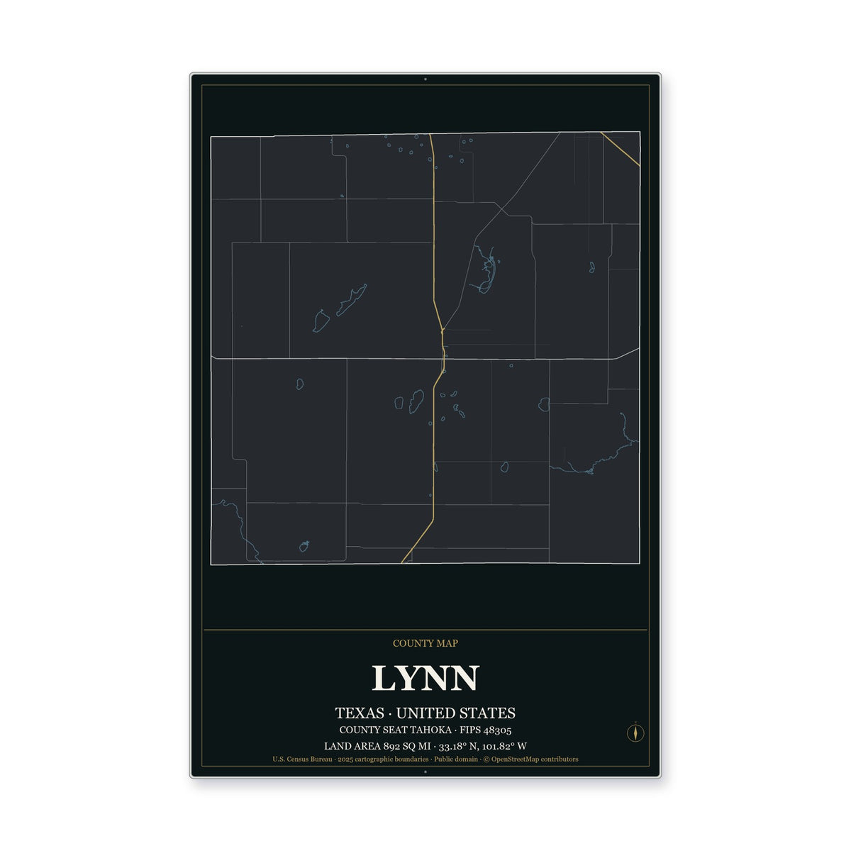 Lynn County, Texas Map Aluminum Sign in Metropolitan Noir style