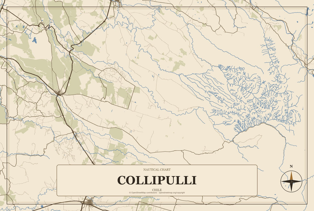 Collipulli, Chile City Map Aluminum Sign in Heritage Nautical style