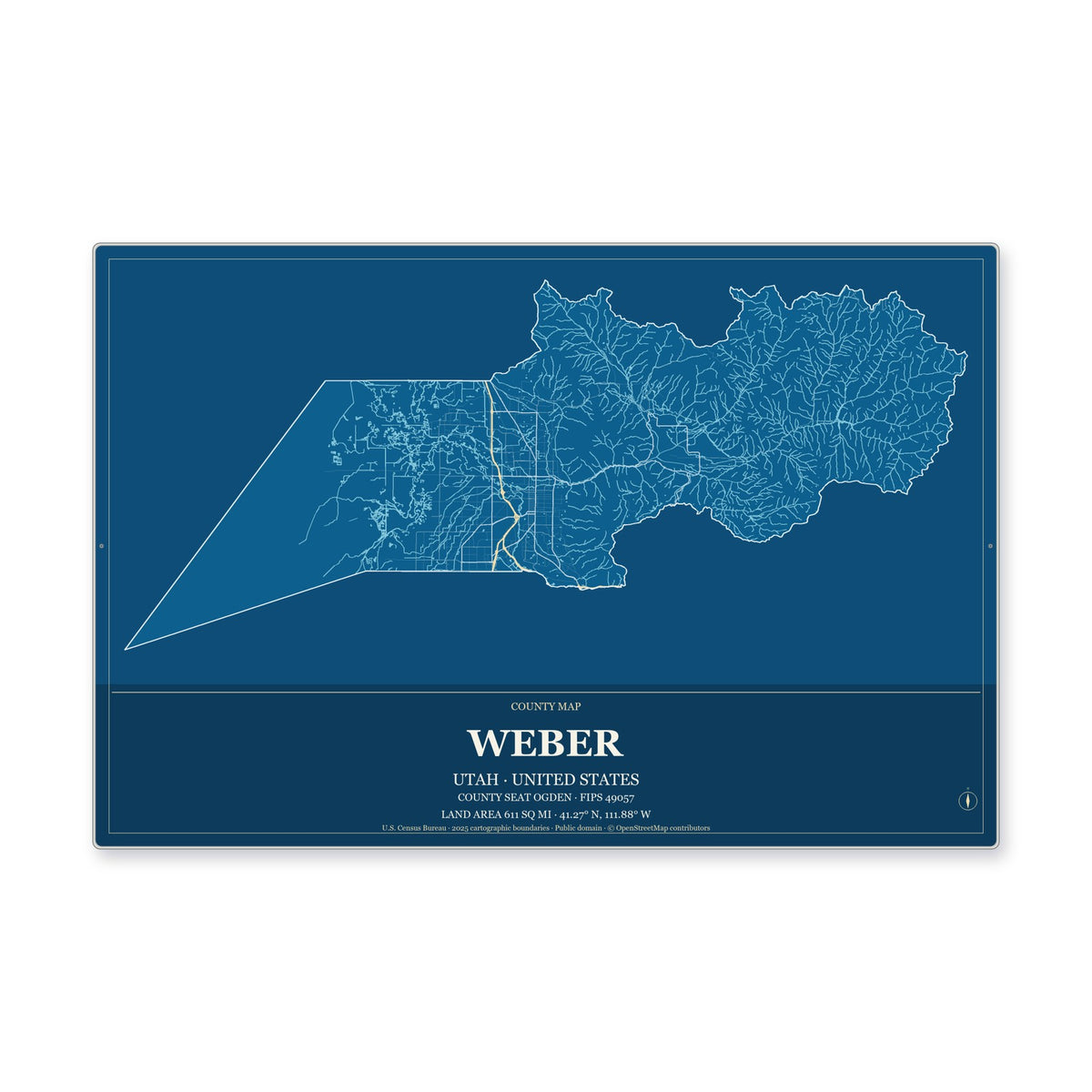 Weber County, Utah Map Aluminum Sign in Harbor Cobalt style