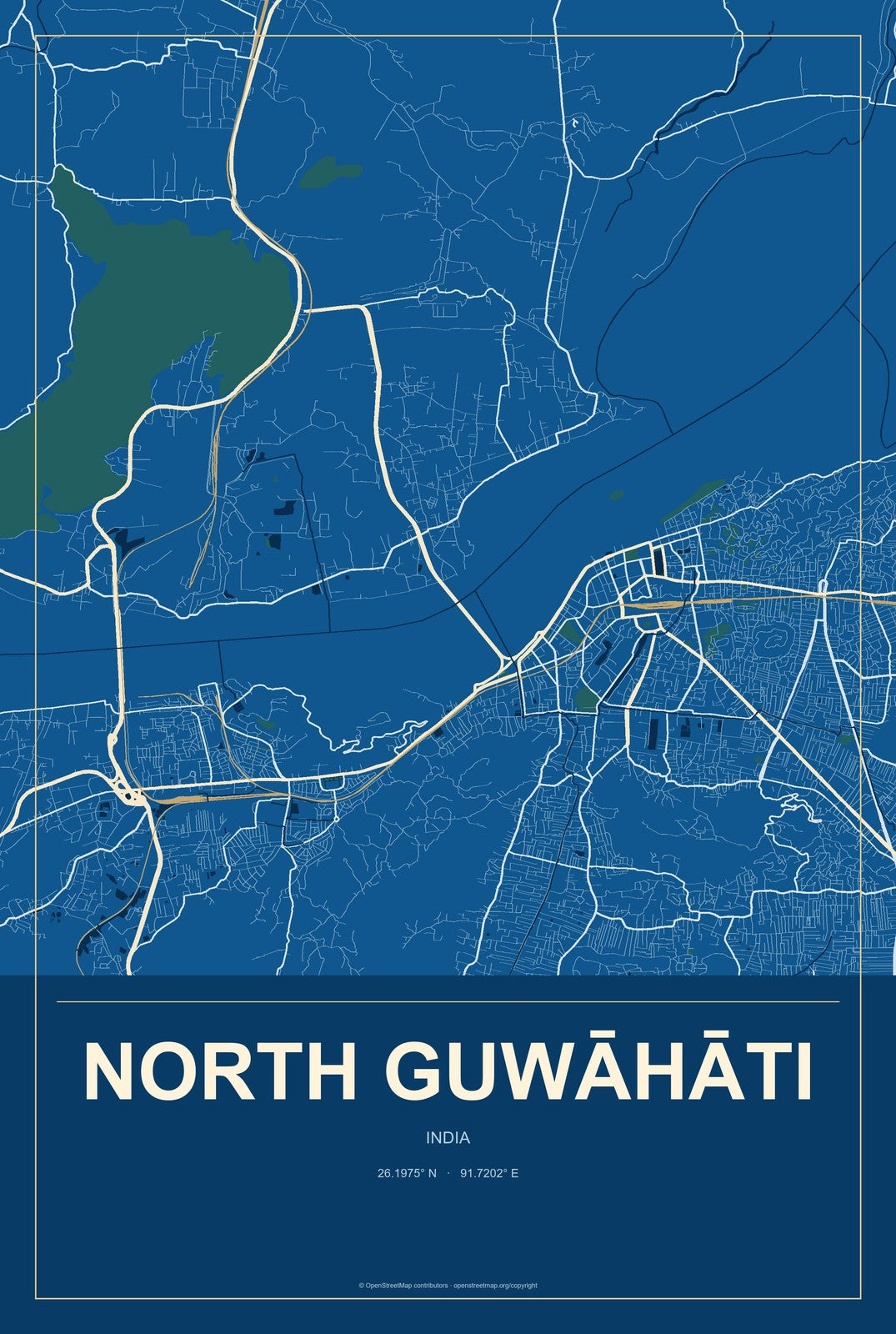 North Guwāhāti, India City Map Aluminum Sign in Harbor Cobalt style