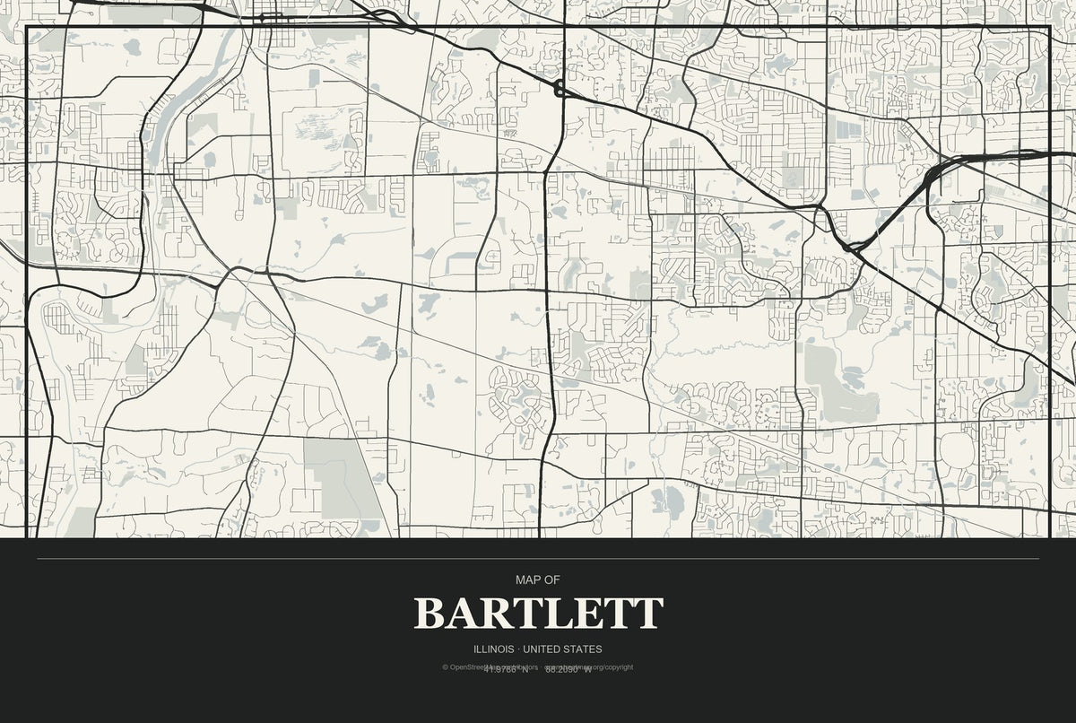 Bartlett, Illinois City Map Aluminum Sign in Museum Plaque style