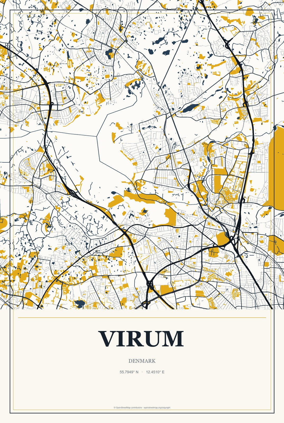 Virum, Denmark City Map Aluminum Sign in Citrine Modern style