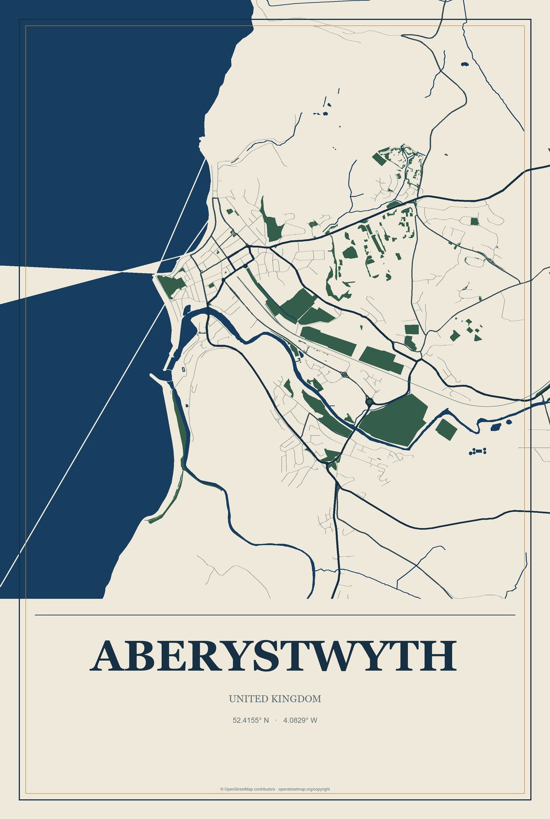 Aberystwyth, United Kingdom City Map Aluminum Sign in Coastal Cutout style