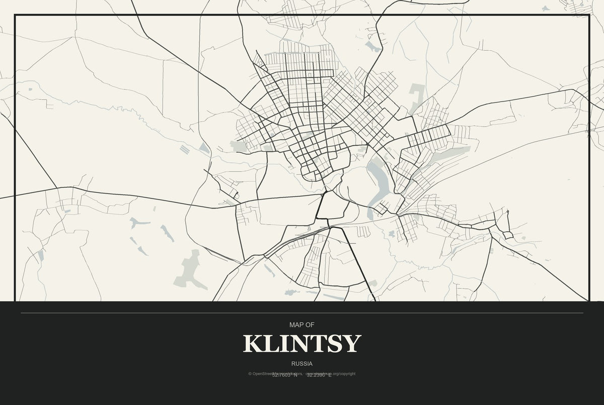 Klintsy, Russia City Map Aluminum Sign in Museum Plaque style