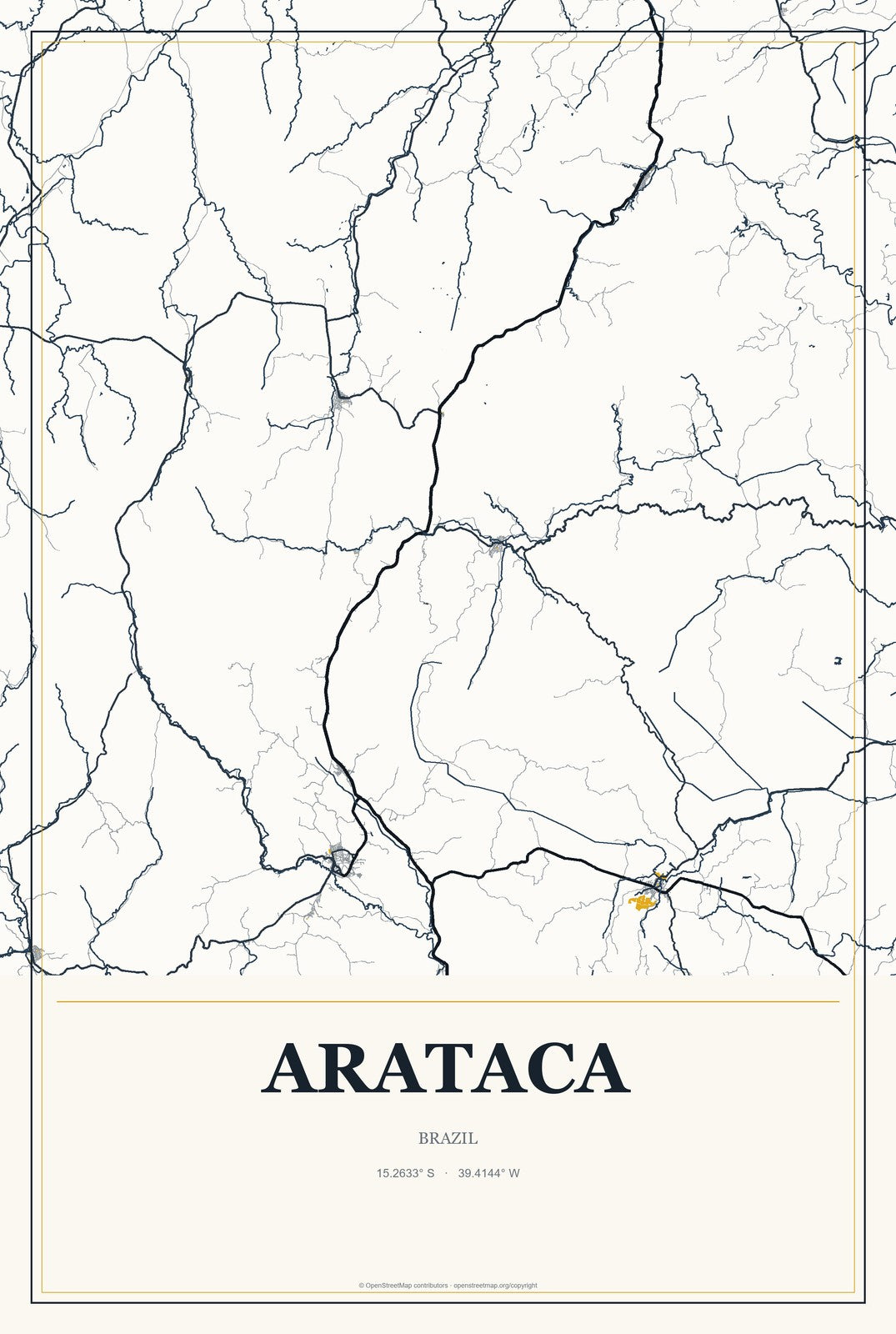 Arataca, Brazil City Map Aluminum Sign in Citrine Modern style
