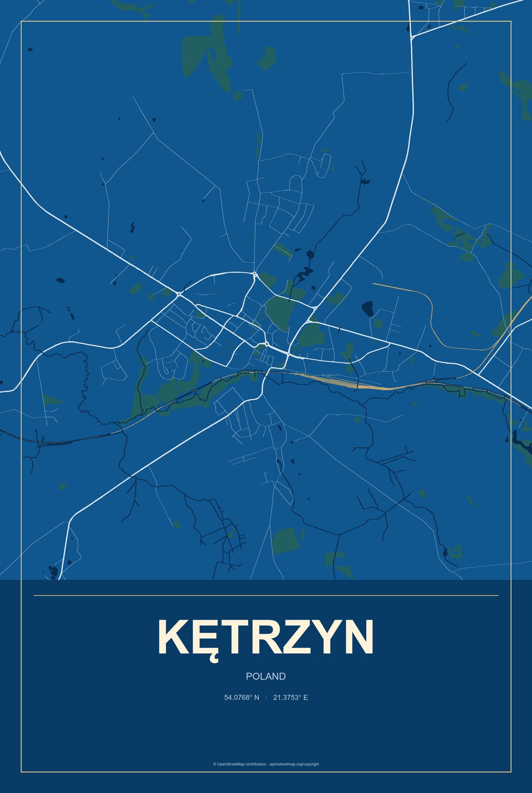 Kętrzyn, Poland City Map Aluminum Sign in Harbor Cobalt style