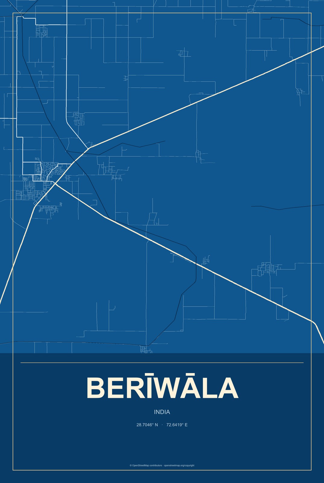 Berīwāla, India City Map Aluminum Sign in Harbor Cobalt style