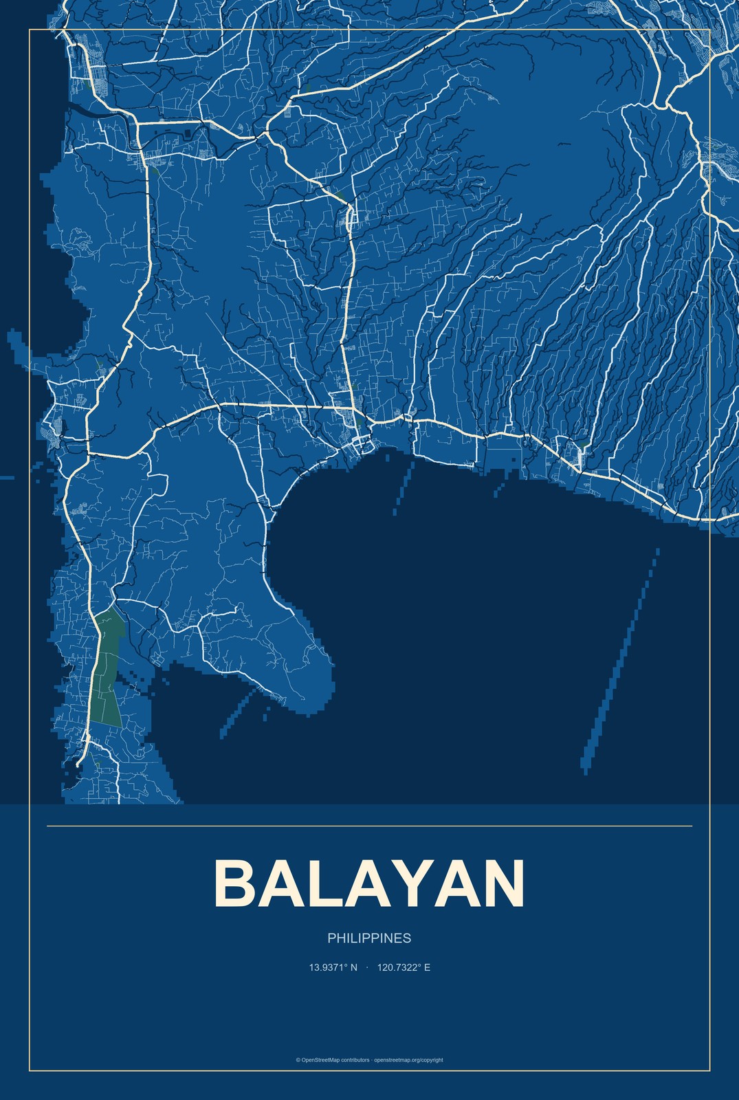 Balayan, Philippines City Map Aluminum Sign in Harbor Cobalt style
