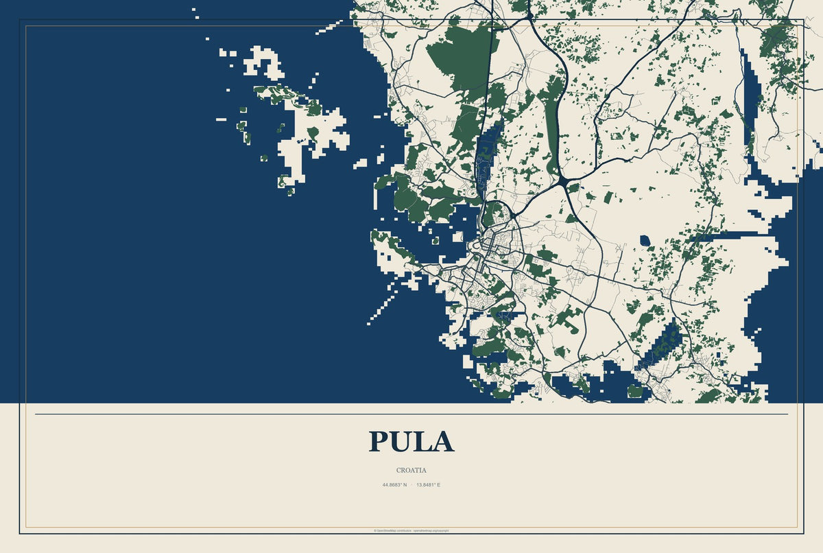 Pula, Croatia City Map Aluminum Sign in Coastal Cutout style