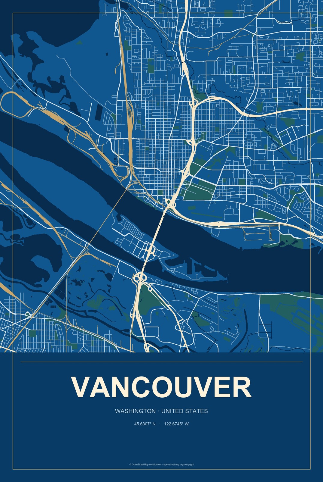 Vancouver, Washington City Map Aluminum Sign in Harbor Cobalt style