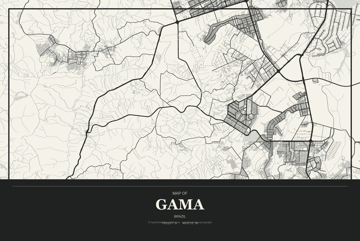 Gama, Brazil City Map Aluminum Sign in Museum Plaque style