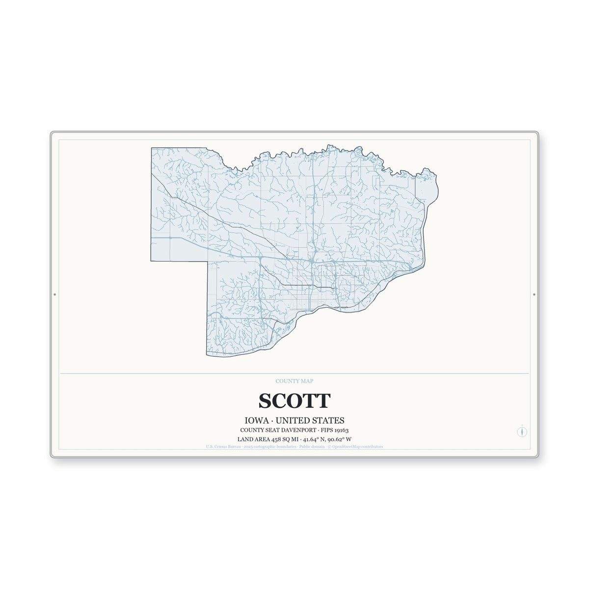Scott County, Iowa Map Aluminum Sign in Gallery Air style