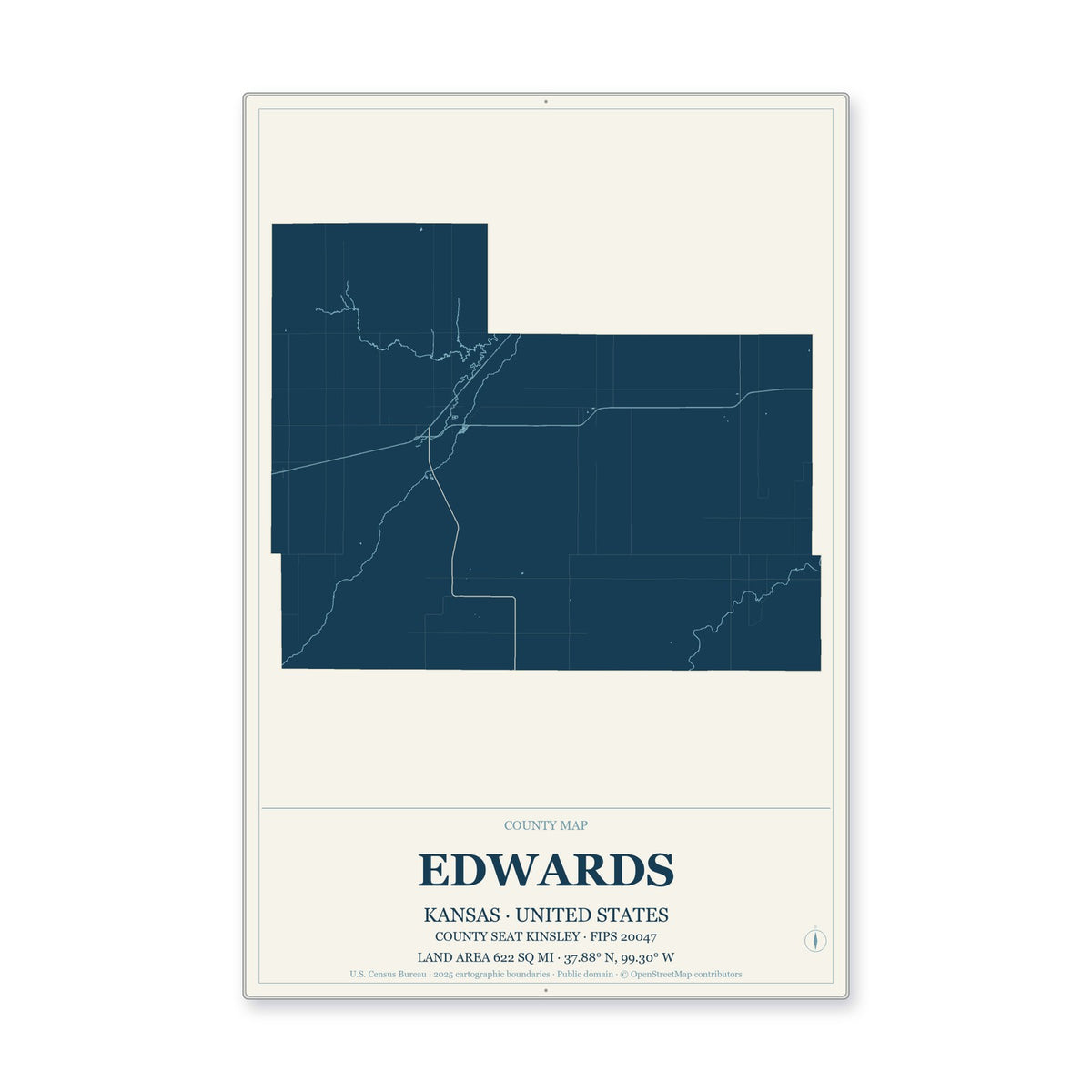 Edwards County, Kansas Map Aluminum Sign in Coastal Cutout style