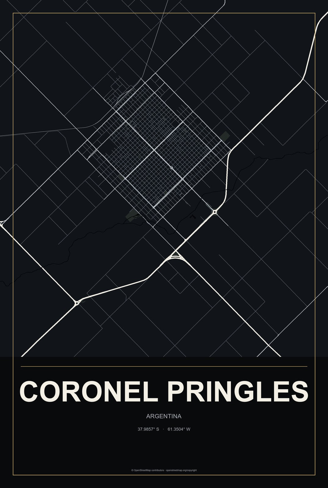 Coronel Pringles, Argentina City Map Aluminum Sign in Metropolitan Noir style