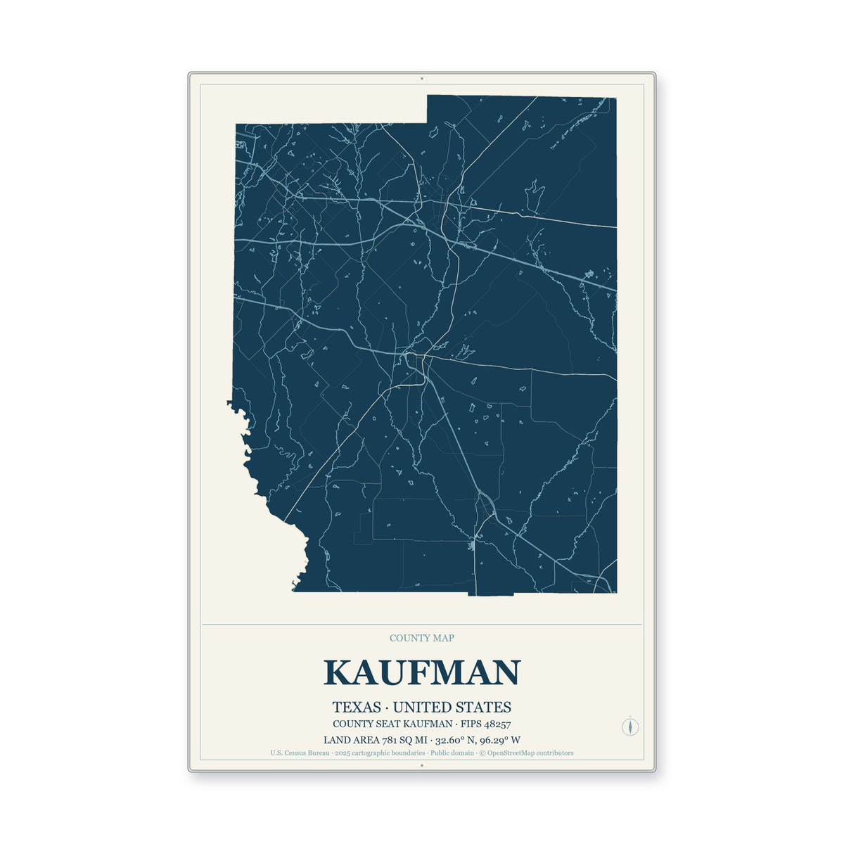 Kaufman County, Texas Map Aluminum Sign in Coastal Cutout style