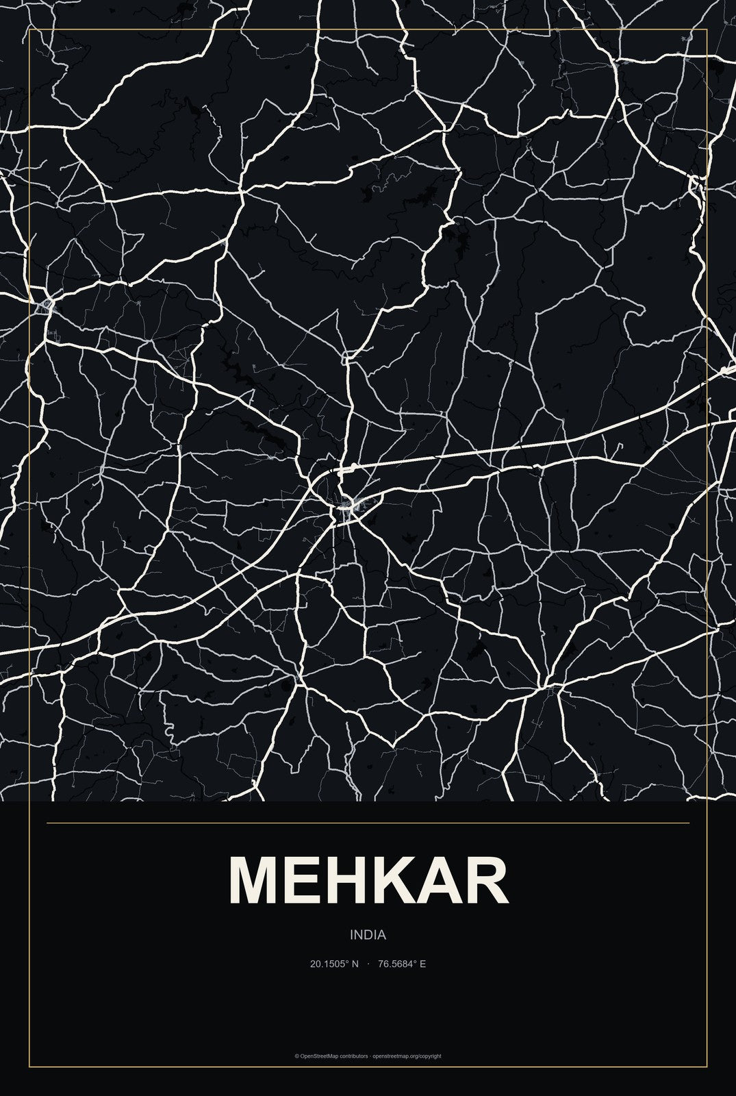 Mehkar, India City Map Aluminum Sign in Metropolitan Noir style