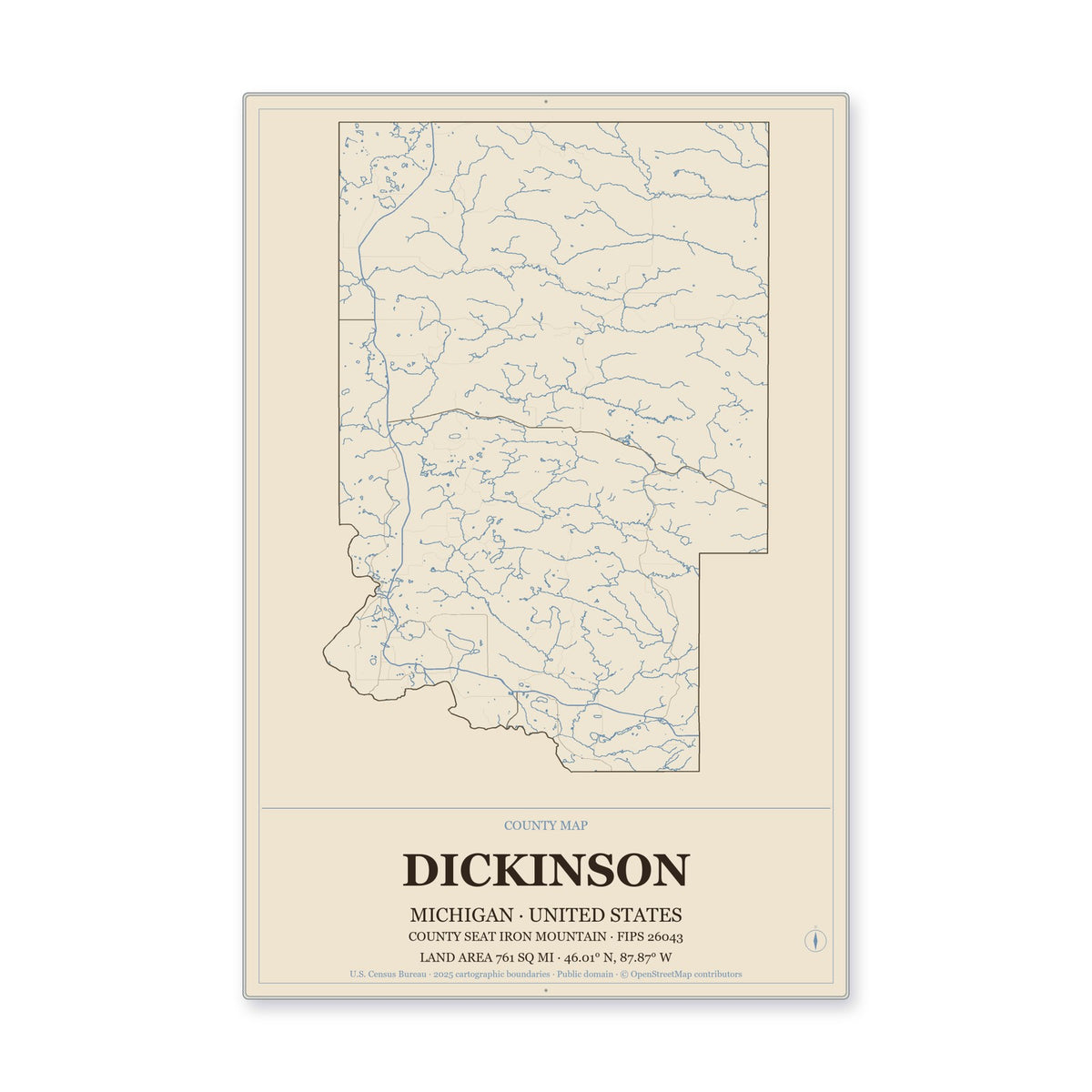 Dickinson County, Michigan Map Aluminum Sign in Heritage Nautical style