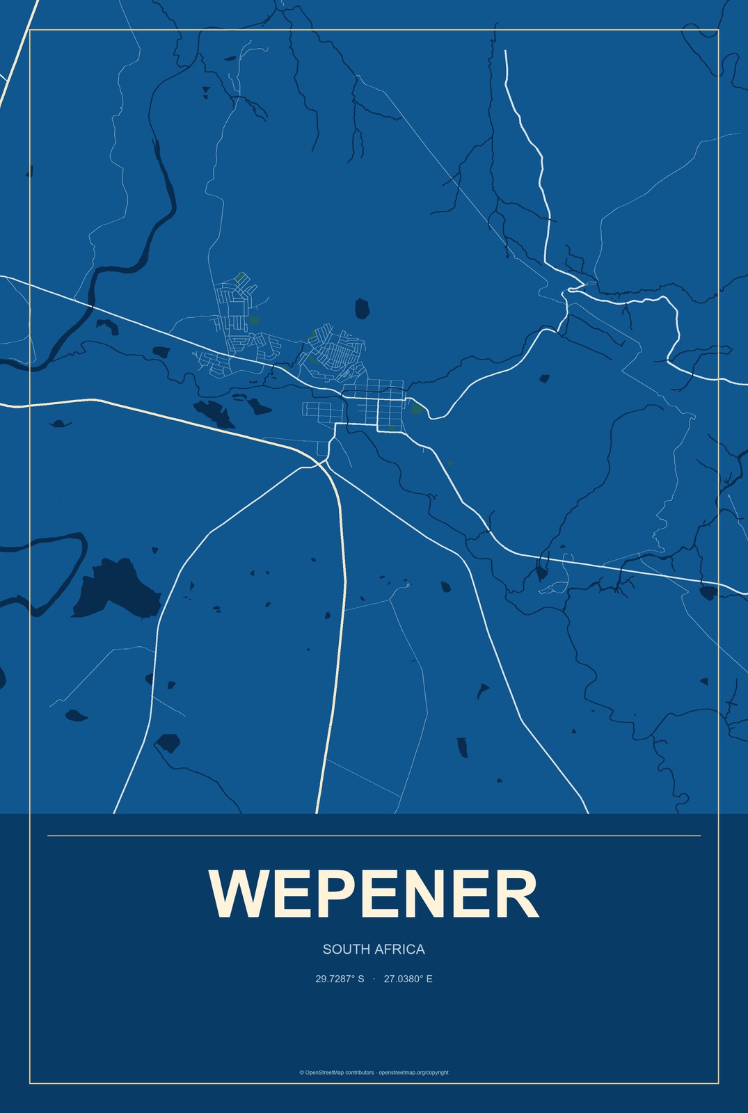 Wepener, South Africa City Map Aluminum Sign in Harbor Cobalt style