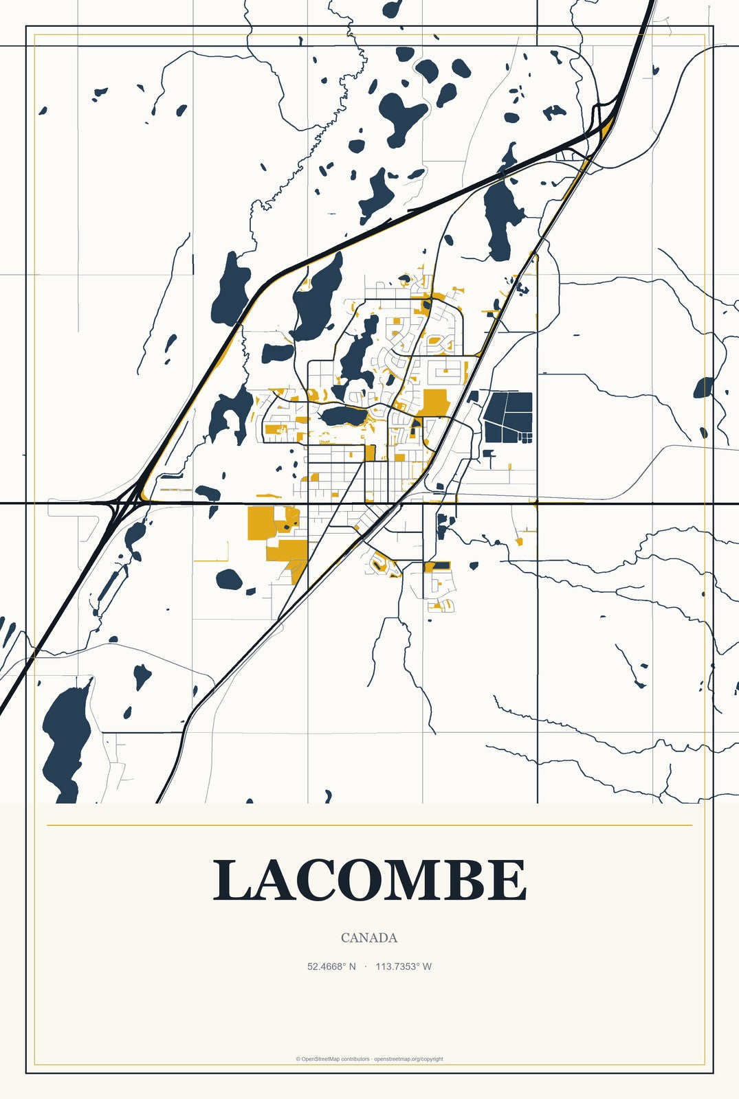 Lacombe, Canada City Map Aluminum Sign in Citrine Modern style