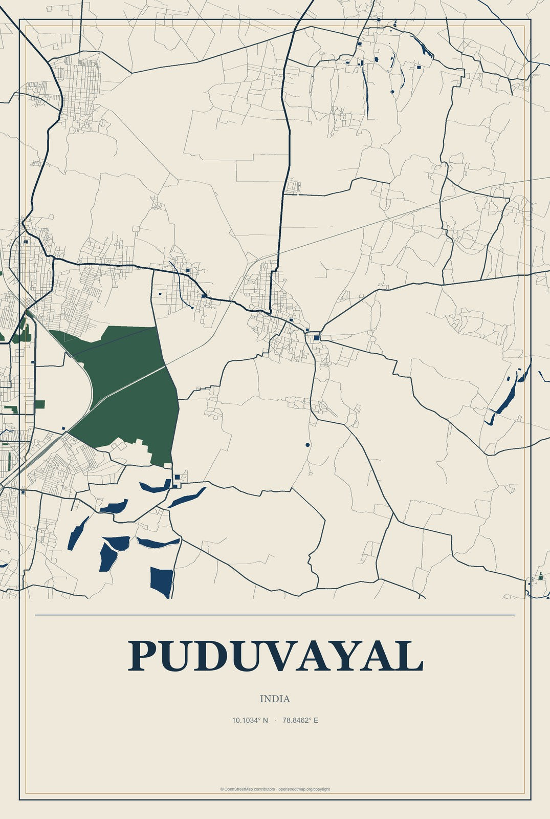 Puduvayal, India City Map Aluminum Sign in Coastal Cutout style