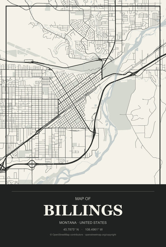 Billings, Montana City Map Aluminum Sign in Museum Plaque style