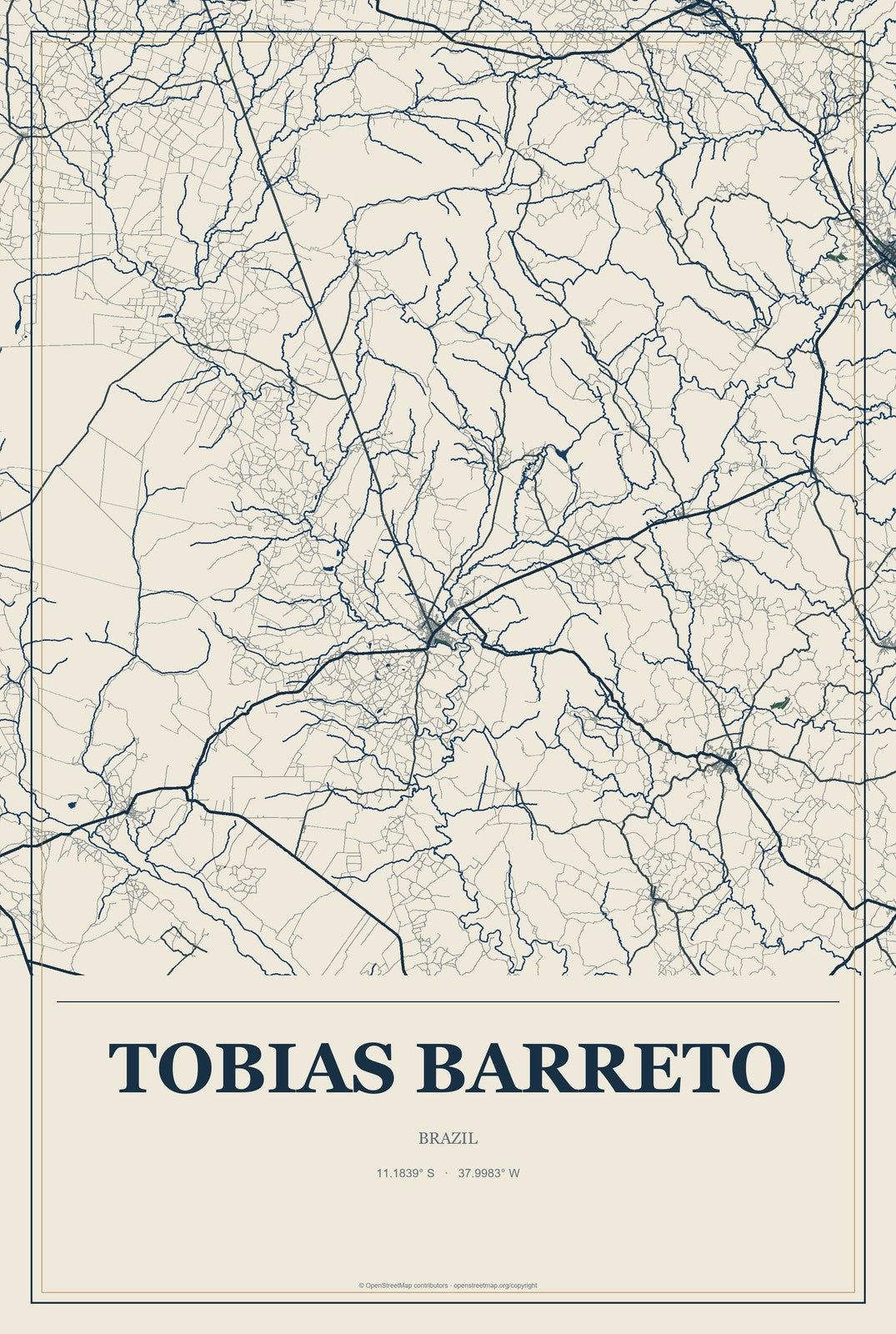 Tobias Barreto, Brazil City Map Aluminum Sign in Coastal Cutout style