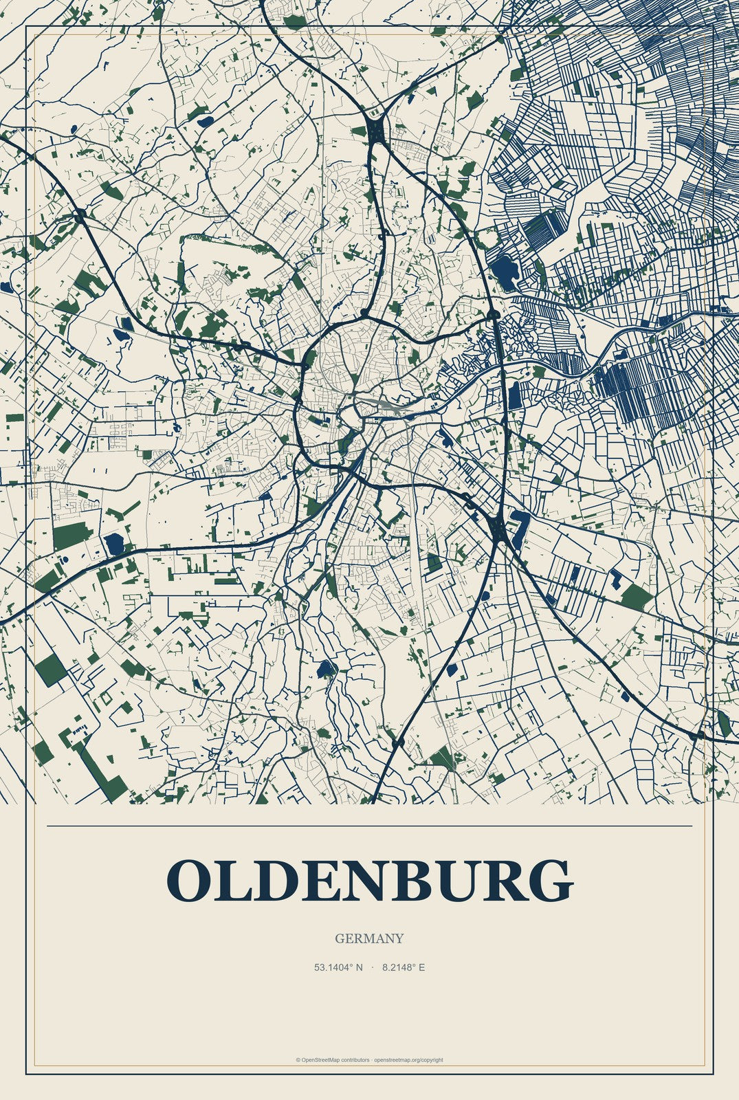 Oldenburg, Germany City Map Aluminum Sign in Coastal Cutout style