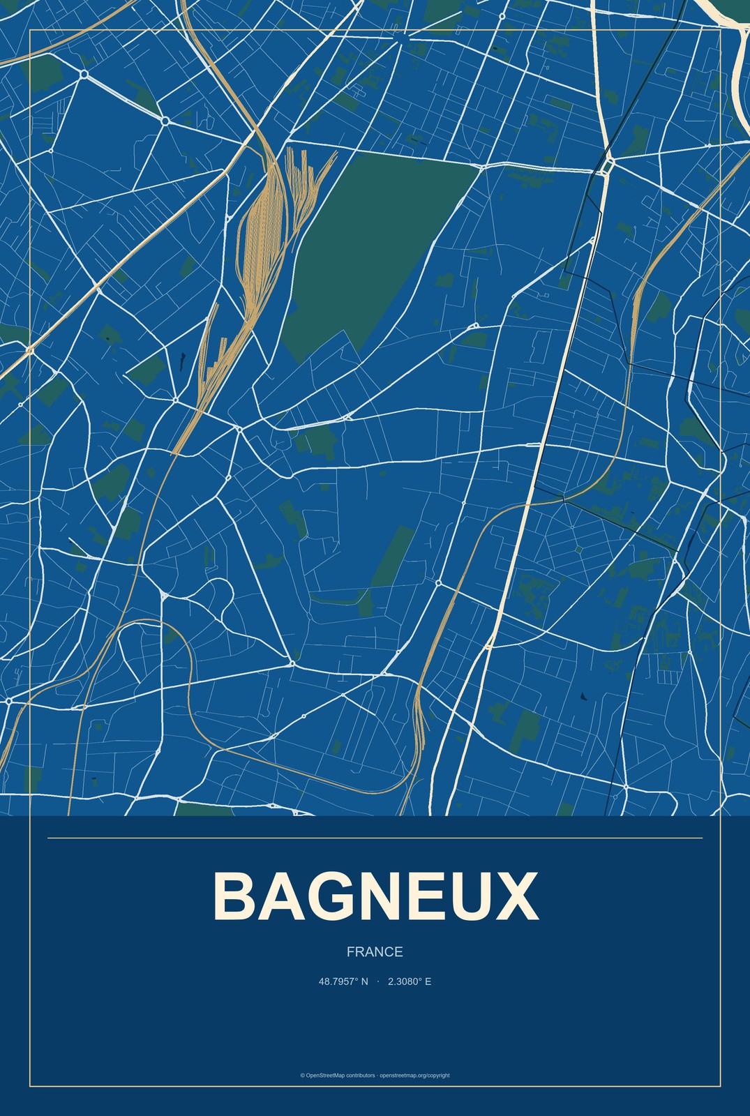Bagneux, France City Map Aluminum Sign in Harbor Cobalt style