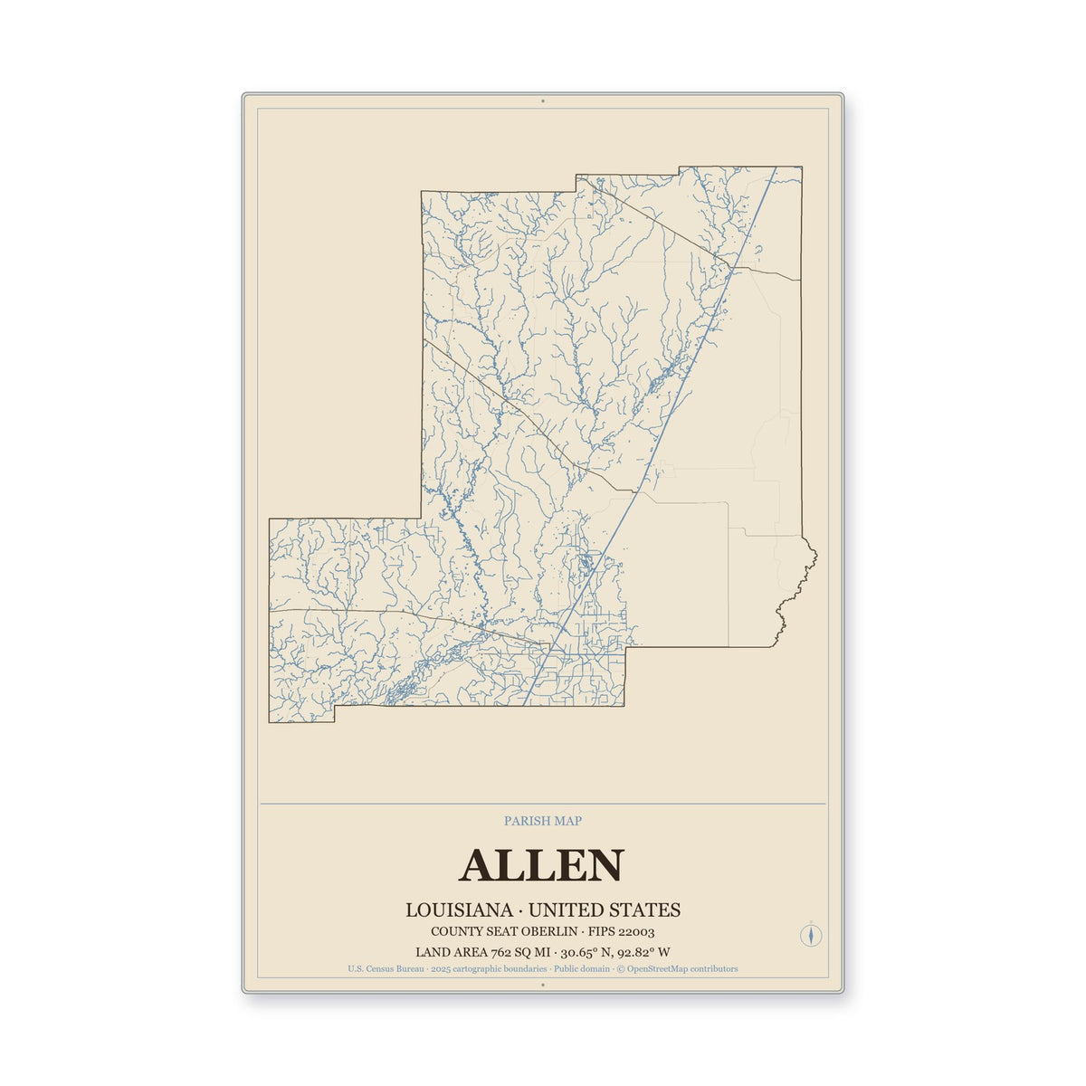Allen Parish, Louisiana Map Aluminum Sign in Heritage Nautical style