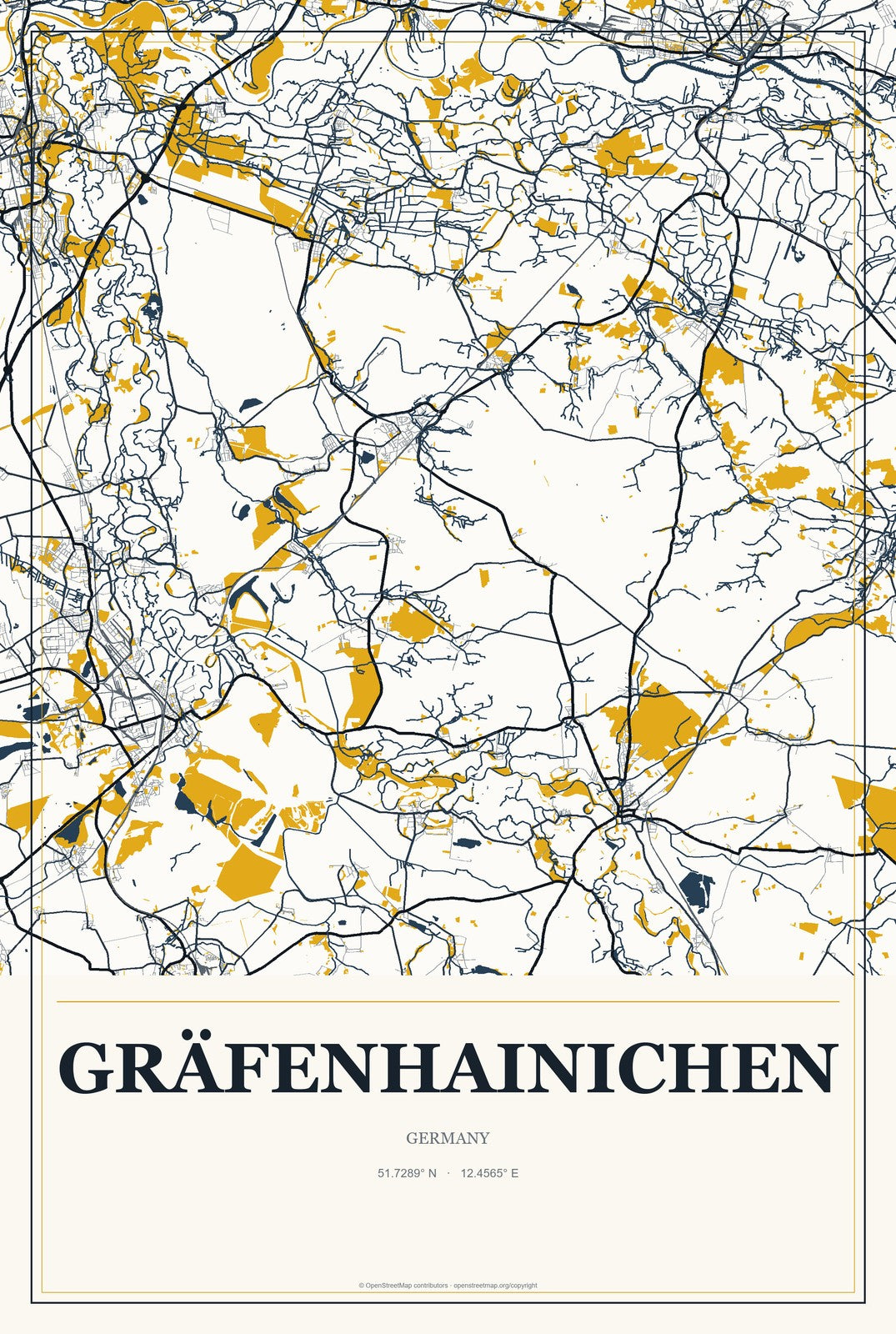 Gräfenhainichen, Germany City Map Aluminum Sign in Citrine Modern style