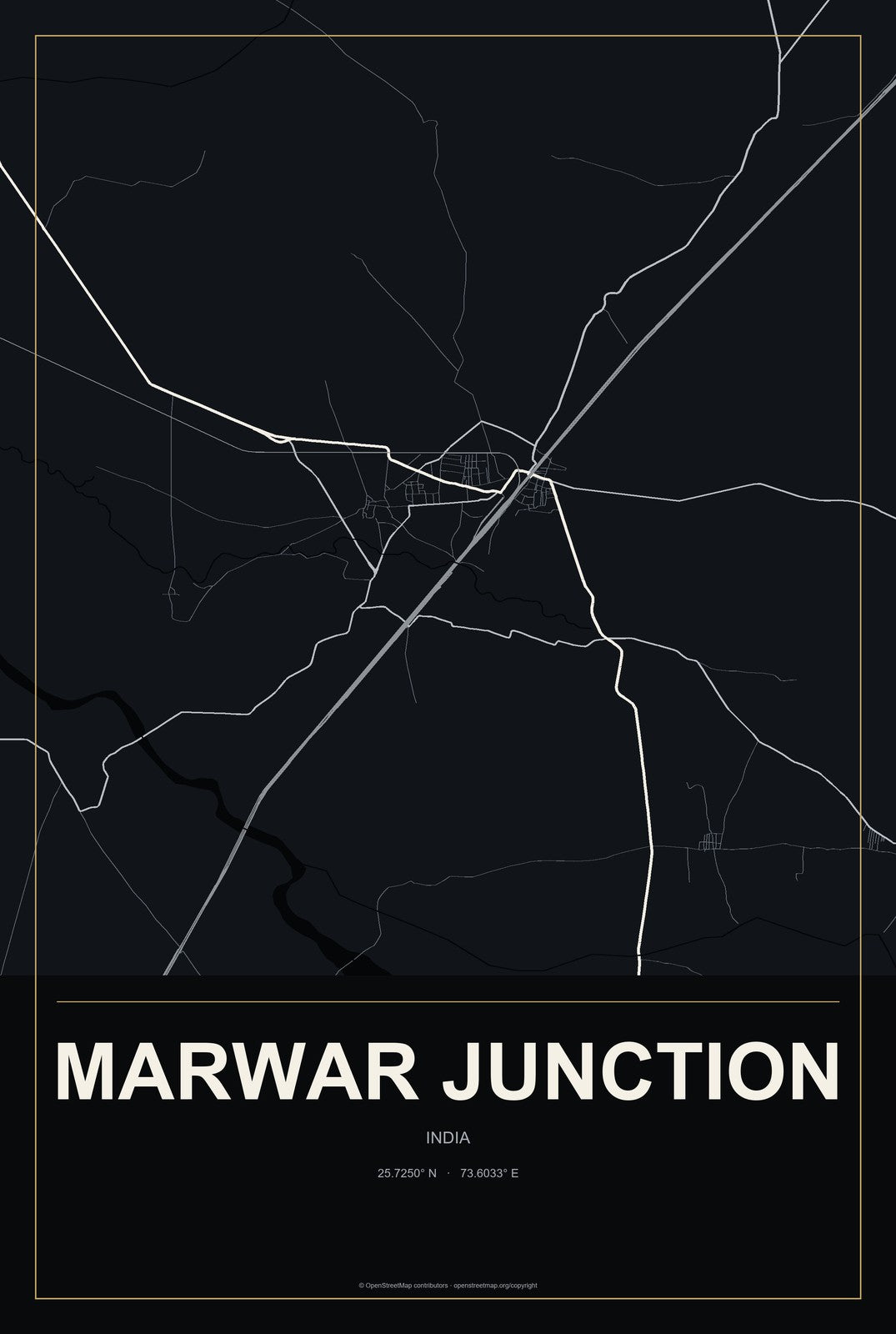 Marwar Junction, India City Map Aluminum Sign in Metropolitan Noir style