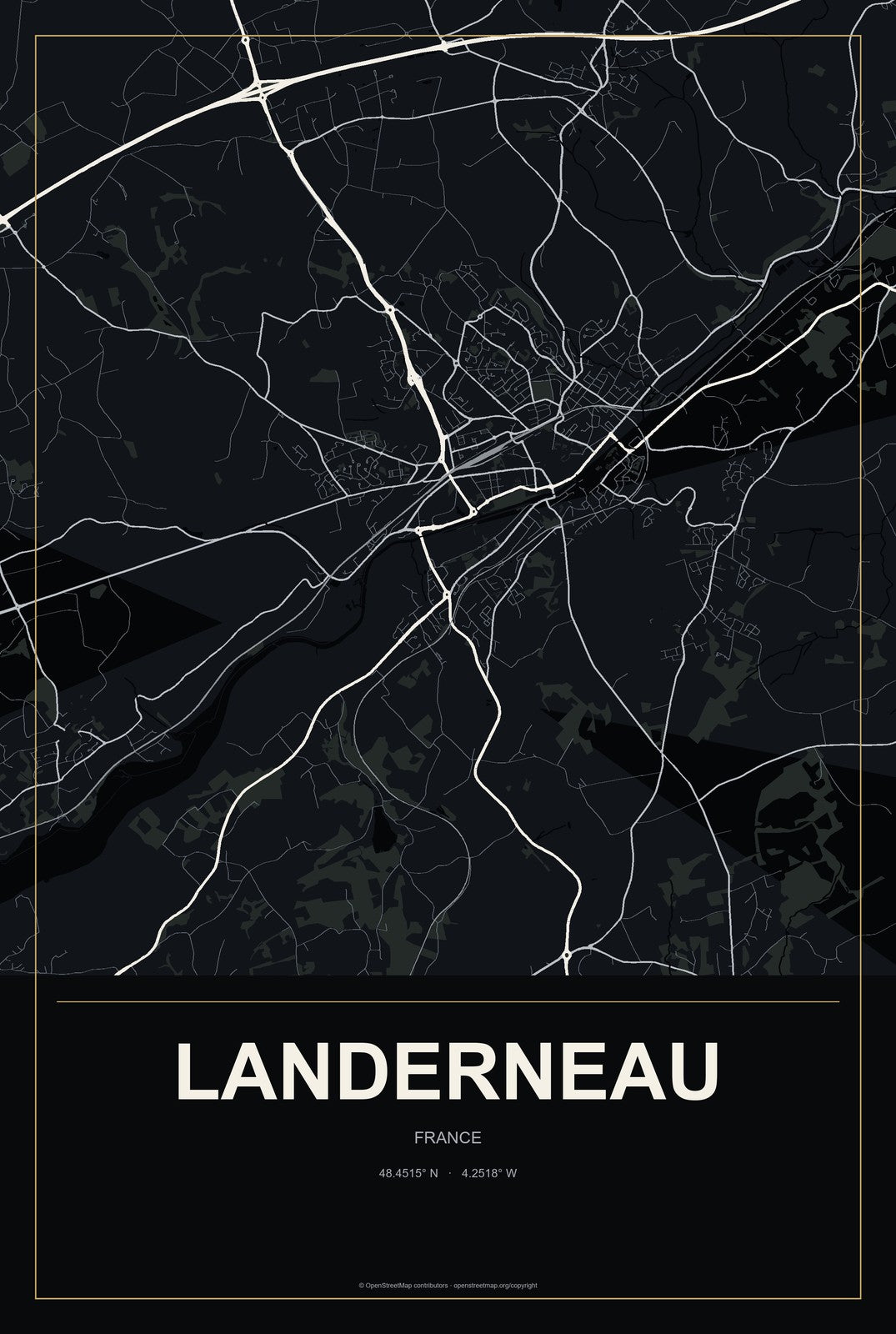 Landerneau, France City Map Aluminum Sign in Metropolitan Noir style
