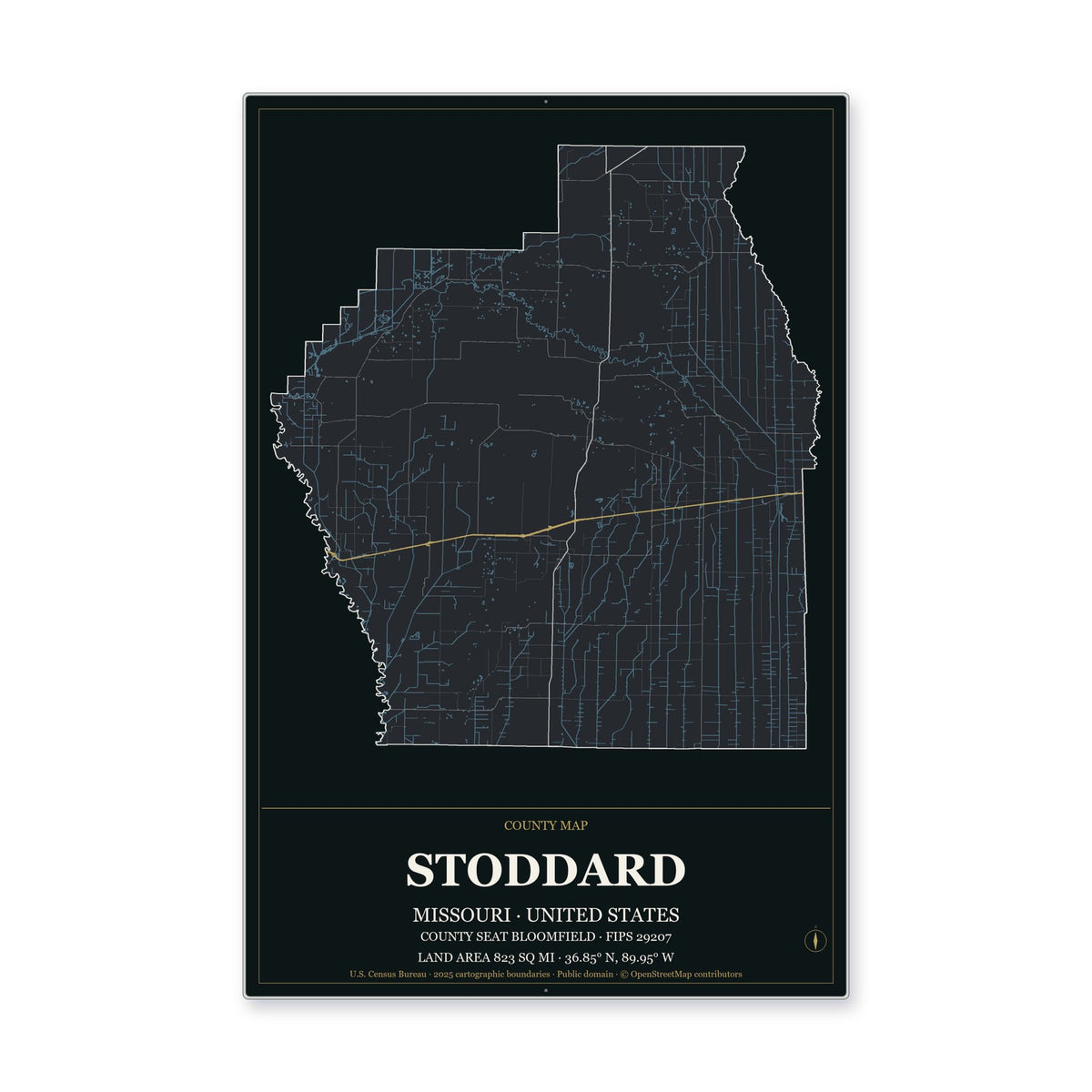 Stoddard County, Missouri Map Aluminum Sign in Metropolitan Noir style