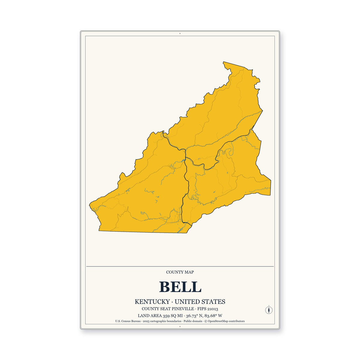Bell County, Kentucky Map Aluminum Sign in Citrine Modern style