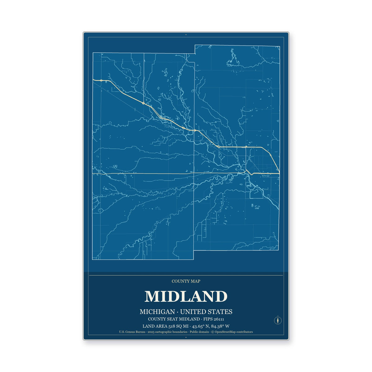 Midland County, Michigan Map Aluminum Sign in Harbor Cobalt style